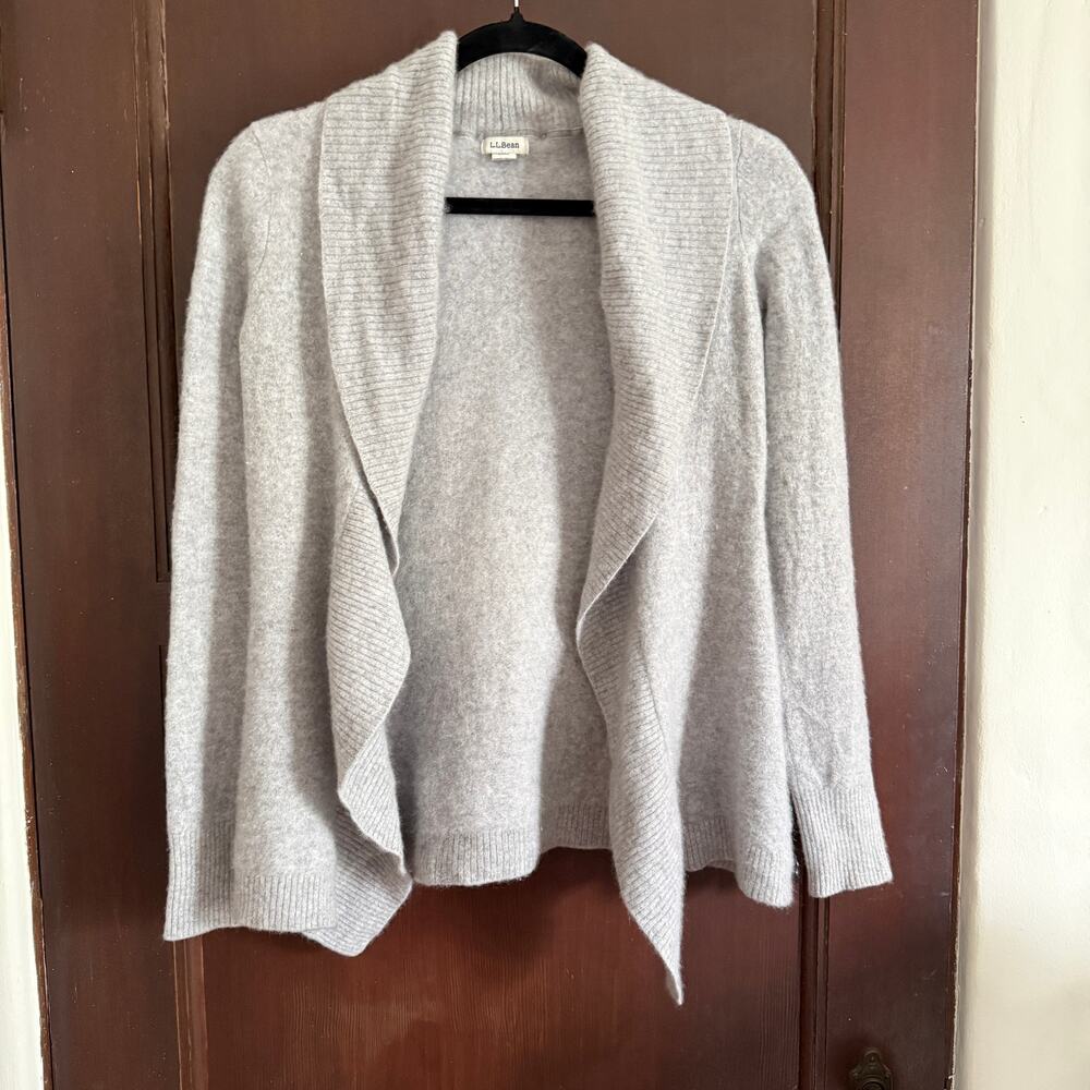 L.L.Bean Heather Gray Cashmere Open Front Cascade Collar Cardigan Sweater Small